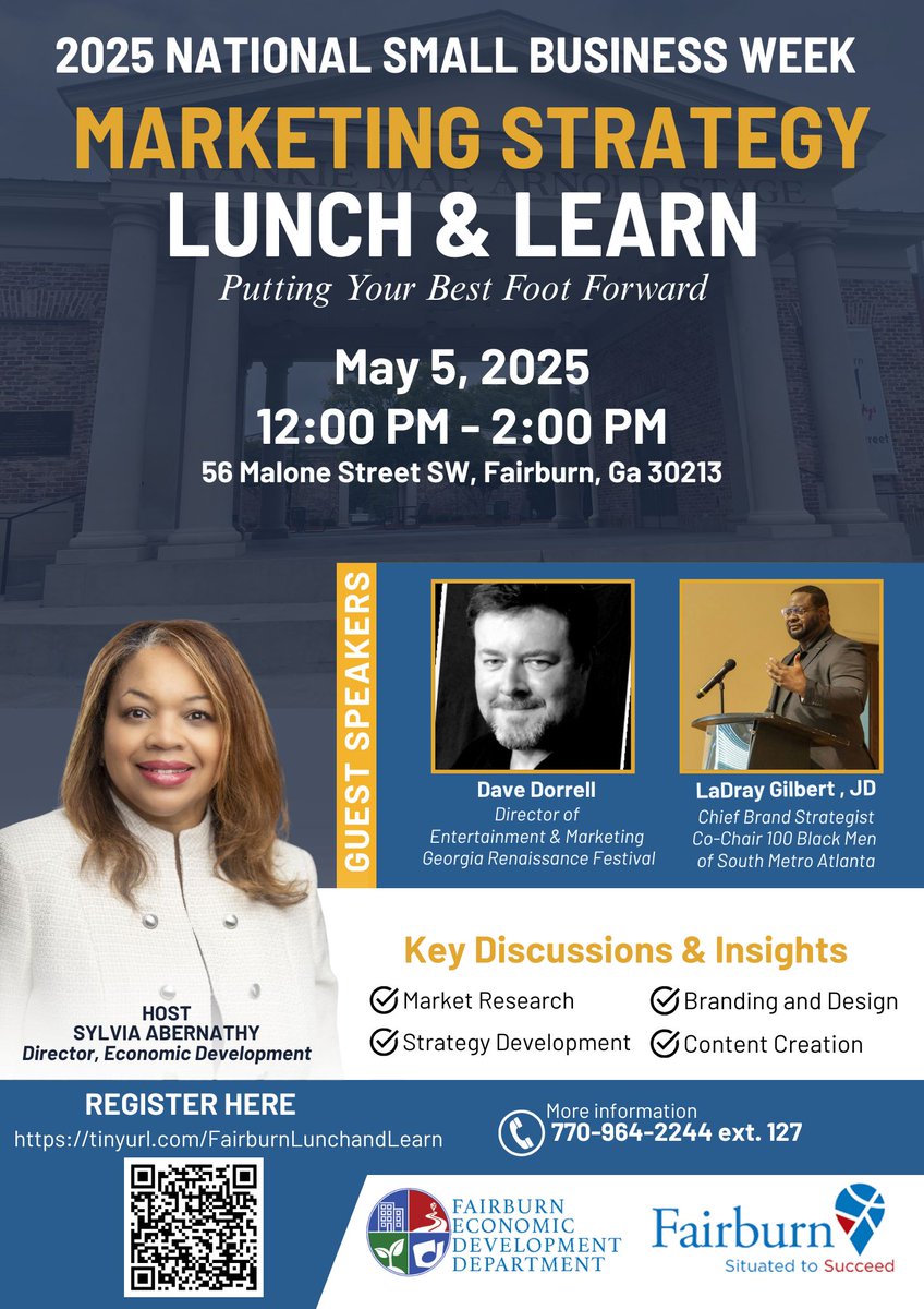What goes with a great meal 🍽️?  Great business advice 💡 It's officially Small Business Week and we're kicking it off with a marketing strategy lunch and learn 💼 

🔗 tinyurl.com/FairburnLuncha…

#OneFairburn #FairburnGA #GeorgiaCities #SmallBusinessWeek #ThingsToDoInFairburn