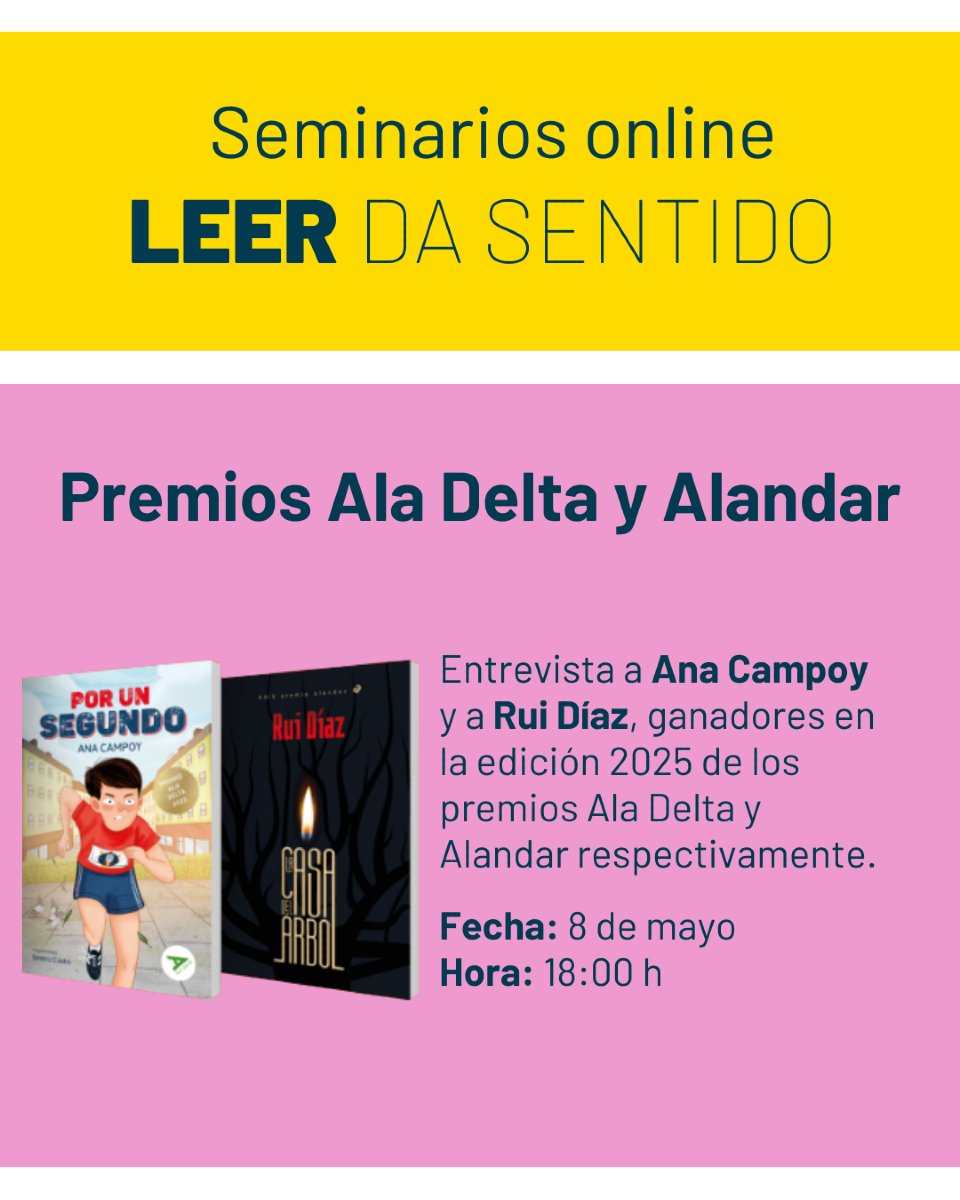 El 8 de mayo a las 18h entrevistamos a <a href="/anacampoy/">Ana Campoy</a> y <a href="/imposiblerui/">Rui Díaz</a>, ganadores de los premios Ala Delta y Alandar 2025.
Descubre Por un segundo y La casa del árbol.
🎟️ Regístrate:
grupoedelvives.ac-page.com/seminarios-fom…

𝗘𝗗𝗘𝗟𝗩𝗜𝗩𝗘𝗦 | 𝗟𝗲𝗲𝗿 𝗱𝗮 𝘀𝗲𝗻𝘁𝗶𝗱𝗼