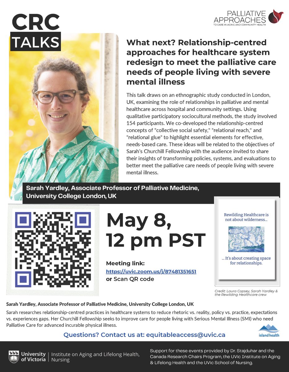 Equity in Palliative Approaches to Care (ePAC) (@access2care) on Twitter photo It's #NationalHospicePalliativeCareWeek and on Thursday, we are hosting <a href="/lavendercrew/">Sarah Yardley</a> at CRC Talks hosted by <a href="/KStajduhar/">Kelli Stajduhar</a>📝
No need to register. Simply join us via the zoom link!
More info: palliativeapproaches.uvic.ca/events/
#palliativecare #mentalhealth #equity It's #NationalHospicePalliativeCareWeek and on Thursday, we are hosting <a href="/lavendercrew/">Sarah Yardley</a> at CRC Talks hosted by <a href="/KStajduhar/">Kelli Stajduhar</a>📝
No need to register. Simply join us via the zoom link!
More info: palliativeapproaches.uvic.ca/events/
#palliativecare #mentalhealth #equity