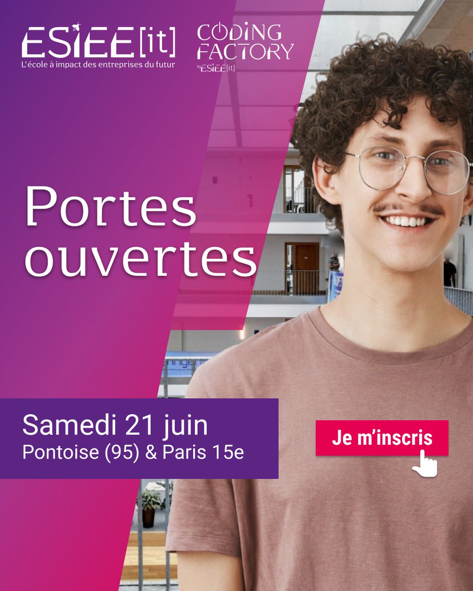 CodingEsieeIT's tweet image. Deviens développeur web avec la Coding Factory !
Samedi 21 juin – 10h à 13h
📍 Paris 15e & Pontoise
Viens découvrir nos formations innovantes en développement web, Lead Dev ou VR & Jeux vidéo, et rencontre notre équipe pédagogique !
#CodingFactory #JPO #ESIEEIT #PortesOuvertes
