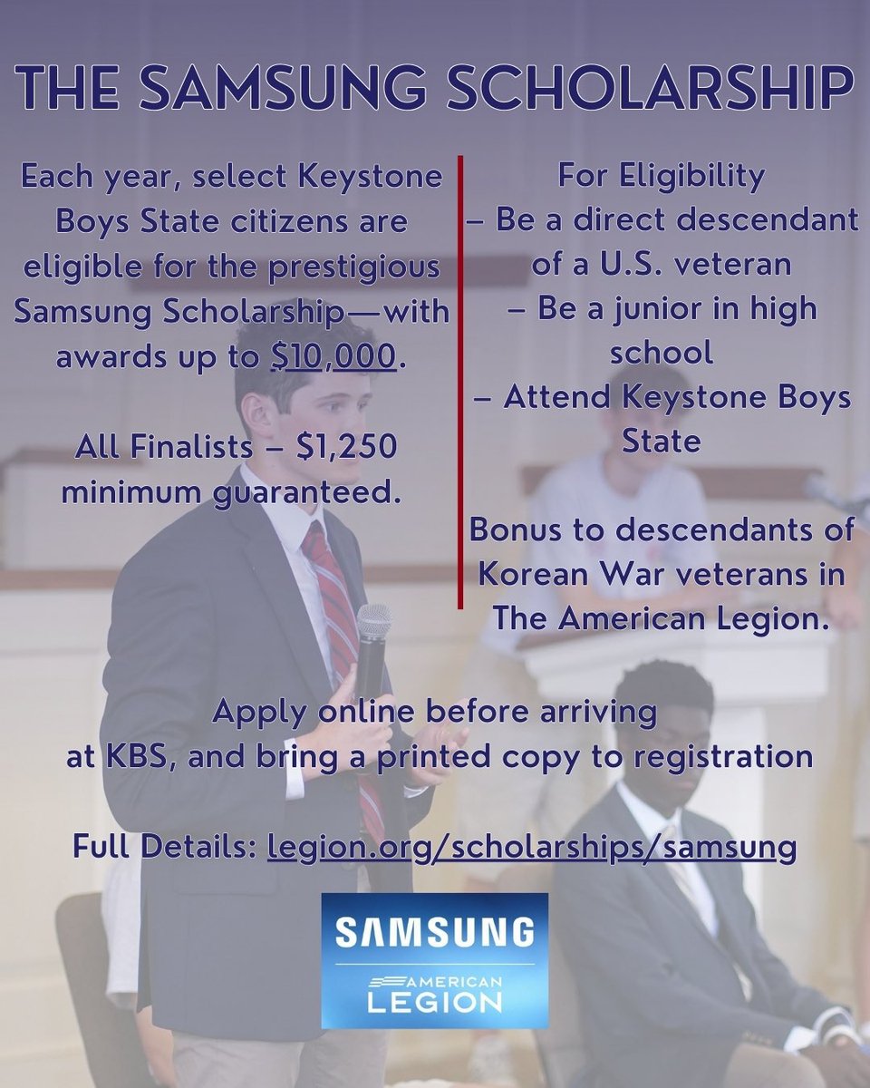 Keystone Boys State can lead to more than leadership skills—it can open doors to scholarships.

The Samsung American Legion Scholarship awards up to $10,000 to eligible attendees who are descendants of U.S. veterans.

Apply and bring before you arrive: legion.org/scholarships/s…