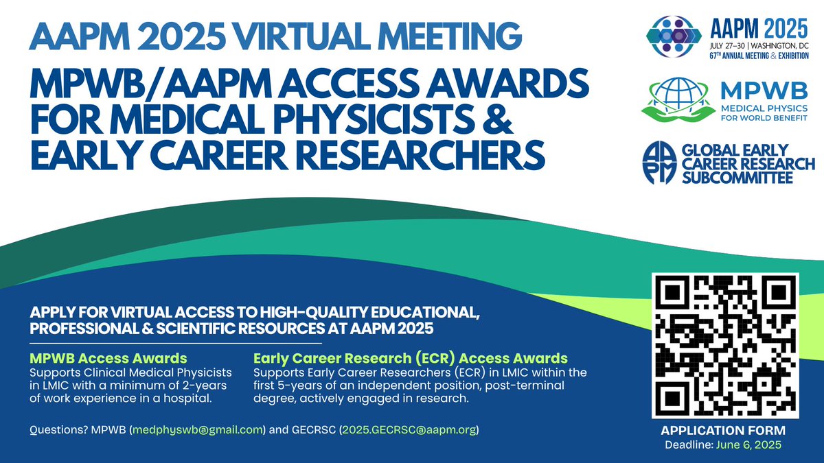 Medical Physics for World Benefit (@medphyswb) on Twitter photo Apply now for the #MPWB/#AAPM 2025 Virtual Access Awards!
Free access to AAPM 2025 On-Demand content for LMIC medical physicists & early career researchers.
🗓️ Deadline: June 6, 2025
🔗docs.google.com/forms/d/e/1FAI…
#AAPM2025 #MPWB #MedicalPhysics <a href="/aapmHQ/">American Association of Physicists in Medicine</a> Apply now for the #MPWB/#AAPM 2025 Virtual Access Awards!
Free access to AAPM 2025 On-Demand content for LMIC medical physicists & early career researchers.
🗓️ Deadline: June 6, 2025
🔗docs.google.com/forms/d/e/1FAI…
#AAPM2025 #MPWB #MedicalPhysics <a href="/aapmHQ/">American Association of Physicists in Medicine</a>