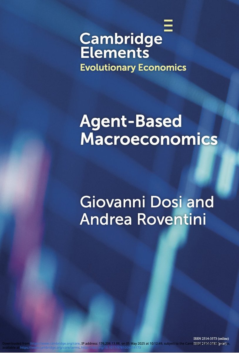 Andrea Roventini (@andrearoventini) on Twitter photo Our new book is finally out! The book offers a new perspective on macroeconomics considering the economy as a complex evolving system and employing the Schumpeter meeting Keynes agent-based model.
The book can be FREELY downloaded until May 19th: 
doi.org/10.1017/978100… Our new book is finally out! The book offers a new perspective on macroeconomics considering the economy as a complex evolving system and employing the Schumpeter meeting Keynes agent-based model.
The book can be FREELY downloaded until May 19th: 
doi.org/10.1017/978100…