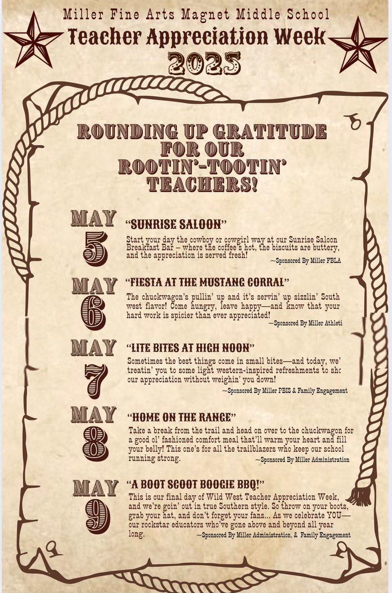 It’s Teacher Appreciation Week at Miller. Check out what we have planned for our wonderful educators! <a href="/BibbSchools/">Bibb County Schools</a> <a href="/Miller_Magnet/">Miller Fine Arts Magnet Middle School</a>