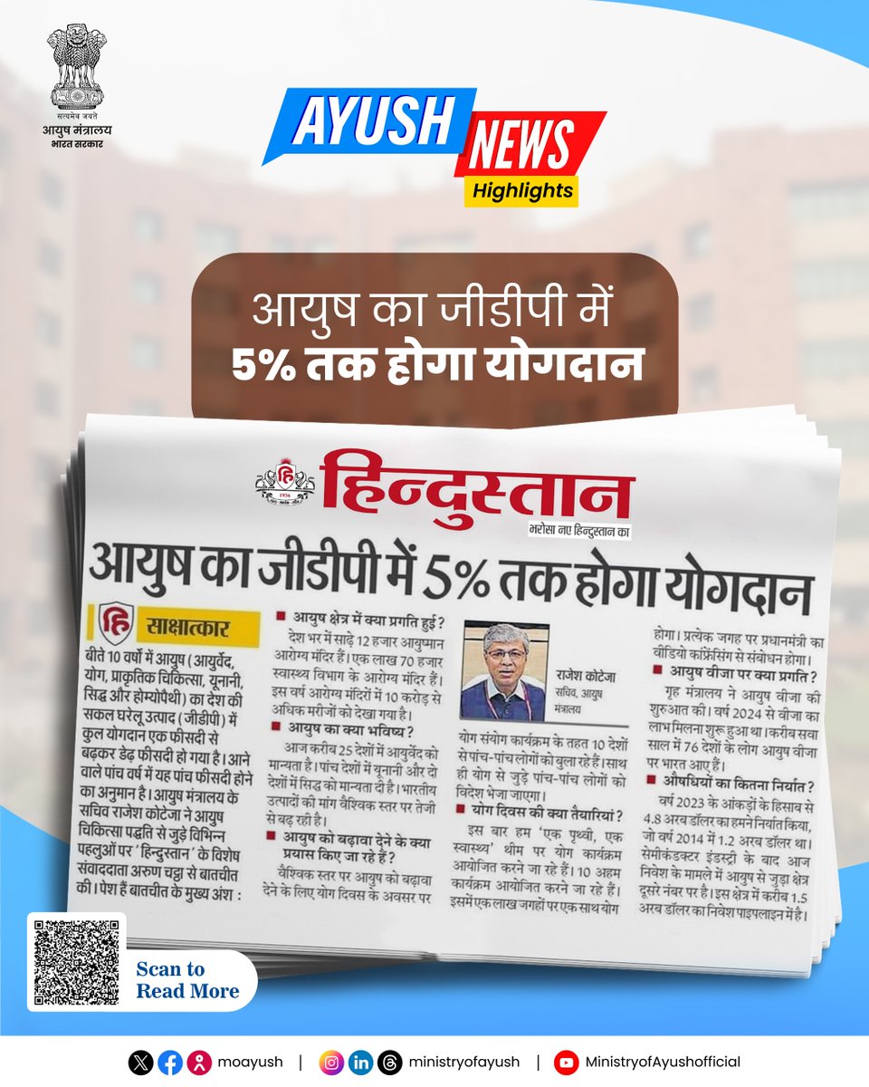 ''योग और आयुष क्षेत्र की लोकप्रियता तेजी से बढ़ रही है। पिछले 10 वर्षों में योग और आयुष क्षेत्र ने नई ऊंचाइयों को छुआ है — GDP में योगदान 1% से बढ़कर 1.5% हुआ, और 2029 तक यह क्षेत्र 200 बिलियन डॉलर तक पहुँचने की ओर अग्रसर है। (1/2)

<a href="/PMOIndia/">PMO India</a>  <a href="/mpprataprao/">Prataprao Jadhav</a> <a href="/Live_Hindustan/">Hindustan</a>