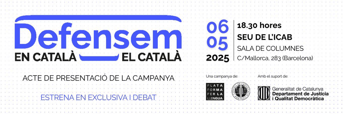 🔵 Aquest dimarts dia 6 presentem amb <a href="/llenguacat/">Plataforma per la Llengua</a> la campanya ‘Defensem el/en català

🕡 18:30 h
📍<a href="/ICABarcelona/">ICAB · Advocacia Barcelona</a> 

💻 Programa i inscripcions a cicac.cat/2025/04/6-de-m…