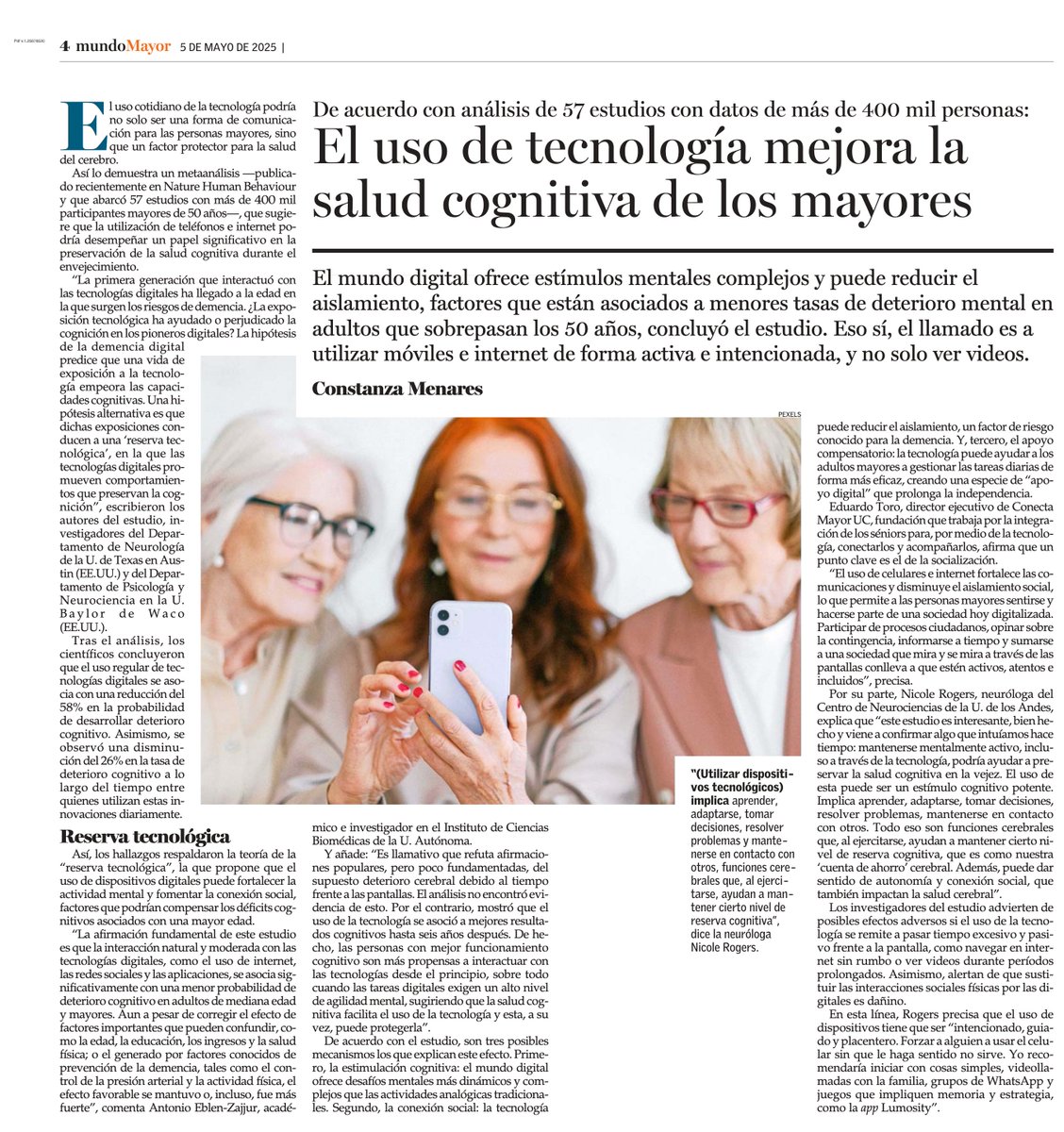 El uso de tecnología mejora la salud cognitiva de los mayores, de acuerdo a análisis de 57 estudios con datos de 400 mil personas. 

Lea la nueva edición de la revista Mundo Mayor en shorturl.at/gIOOZ