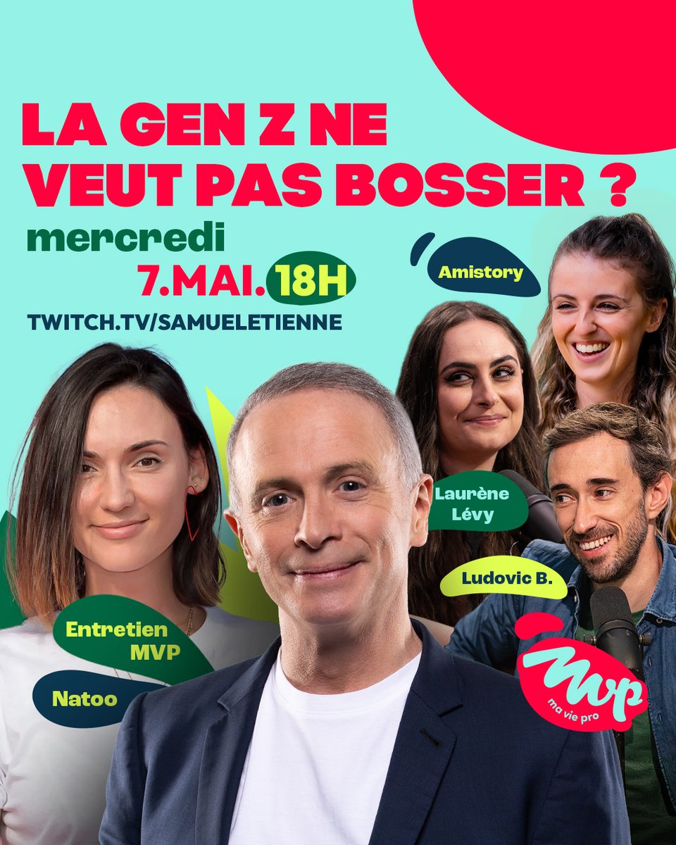 💼La gen Z n'aime pas le travail ?   
Retrouvez <a href="/SamuelEtienne/">Samuel Etienne</a>, Laurène Lévy, Amistory et
<a href="/LudoTatou/">Ludovic B</a> mercredi à 18h sur Twitch pour l’émission MVP !🔥

Samuel recevra <a href="/Nato_o/">Nathalie Odzierejko</a> dans l'entretien MVP !🗣️ 

➡️ twitch.tv/samueletienne