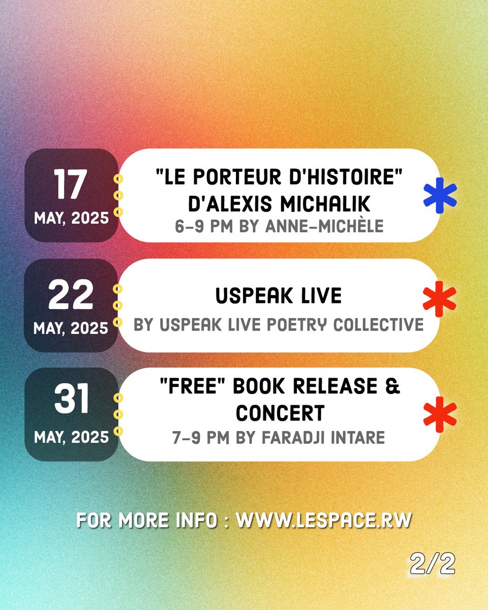 May at L*Espace is a celebration of presence, voice &amp; transformation.

Artists move, speak &amp; challenge through sound, gesture, poetry, paint &amp; rhythm.
Come curious, leave changed.
📍L’Espace, Kigali
#LEspaceKigali #MayAtLEspace #ArtInMotion #KigaliCulture #RwandaCreatives