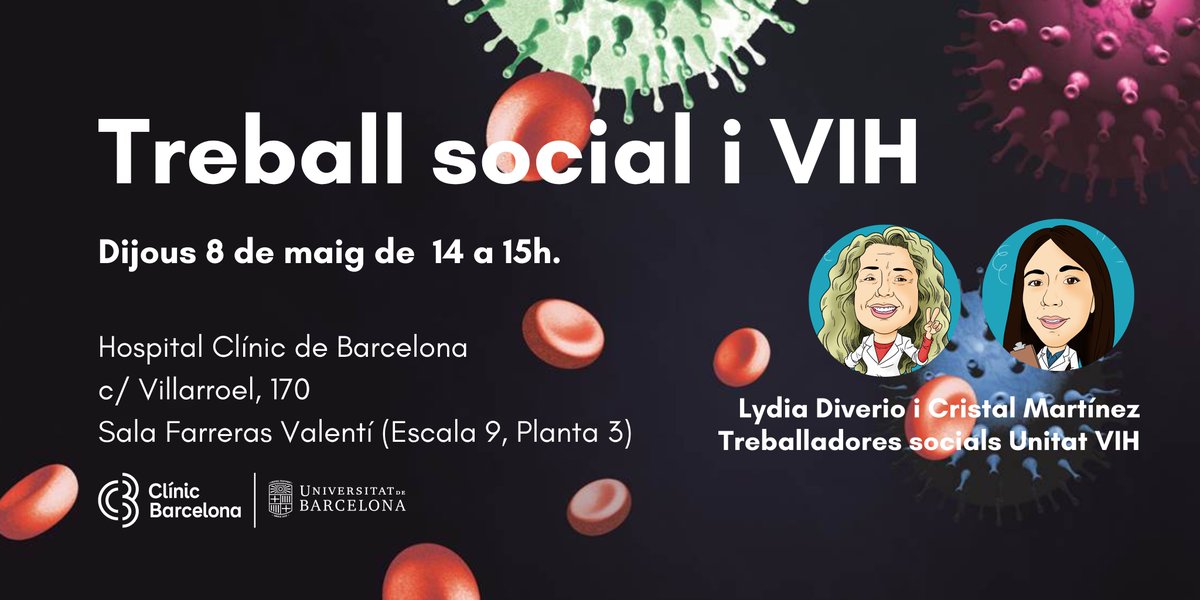 #SaveTheDate
📆 Aquest dijous 8 de maig (14–15h.) ens trobem a la Sala Farreras Valentí per a una nova #SessióVIH centrada en #TreballSocial
👥 Per a 🥼 del #CampusClinicUB
🏥 Un espai per compartir coneixement i experiència entre professionals #PVIH #CalidadVIHda #Docencia