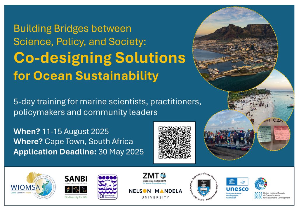 WIOMSA (@wiomsa) on Twitter photo WIOMSA-SCALABLE Training Opportunity
Applications are open for the โBuilding Bridges between Science, Policy, and Society: Co-designing Solutions for Ocean Sustainabilityโ fiveโday inโperson workshop taking place from 11-15 Aug 2025 at <a href="/SANBI_ZA/">SA Biodiversity</a> in Cape Town. WIOMSA-SCALABLE Training Opportunity
Applications are open for the โBuilding Bridges between Science, Policy, and Society: Co-designing Solutions for Ocean Sustainabilityโ fiveโday inโperson workshop taking place from 11-15 Aug 2025 at <a href="/SANBI_ZA/">SA Biodiversity</a> in Cape Town.