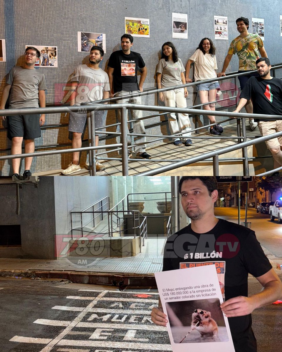 780AM's tweet photo. PINTANDO UN PASO PEATONAL Y CON UN MURAL DE MEMES, ACTIVISTAS POR UN MEJOR TRANSPORTE SE MANIFESTARON🪧

🗣️Un grupo de jóvenes realizó una intervención artística frente al MOPC, pintando un paso peatonal con el diseño de una vía férrea acompañado de la frase: "Acá muere el tren de Cercanías".

🗣️La acción apunta al proyecto de construcción de un viaducto de 4 km en Luque. Según denuncian, el proyecto fue adjudicado sin licitación por más de 180 millones de dólares a una empresa vinculada a un legislador oficialista. 

Todos los detalles en: https://t.co/xANor5sRvQ