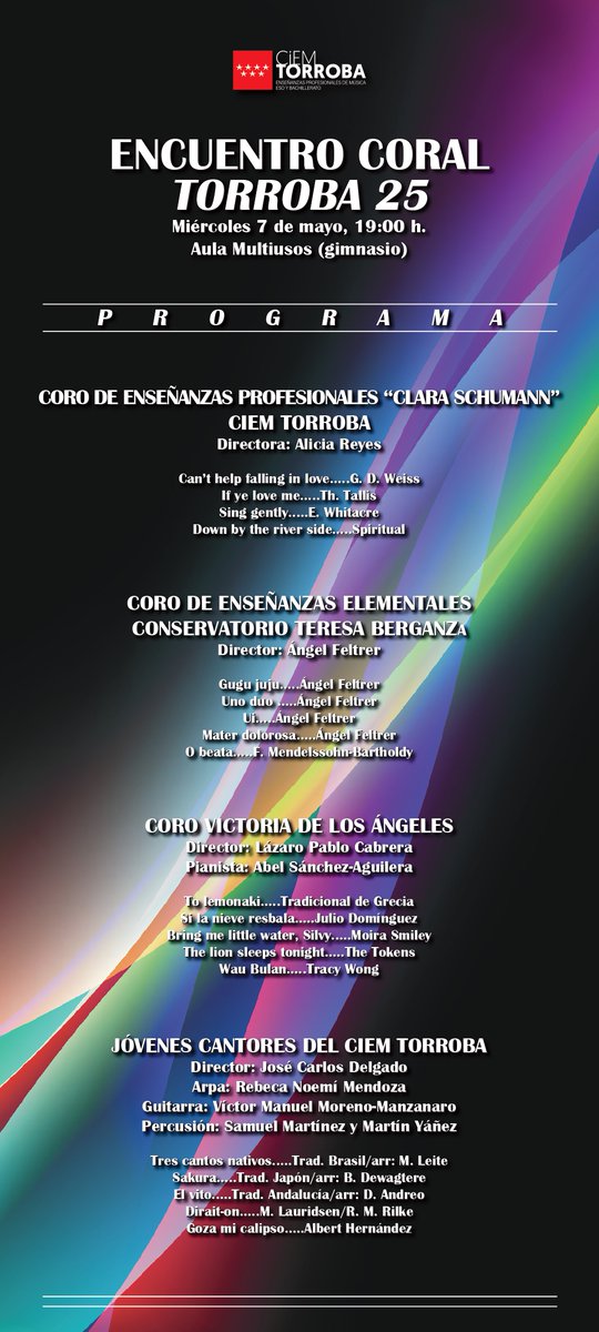 Próximo Encuentro de coros el próximo miércoles 7 de mayo en el @ciem_torroba, 19h. En este encuentro participarán los coros del conservatorio sede, CIEM Torroba junto al coro del conservatorio <a href="/berganza_teresa/">Teresa Berganza Madrigal</a> y nuestros alumnos del coro del conservatorio.
#encuentrodecoros
