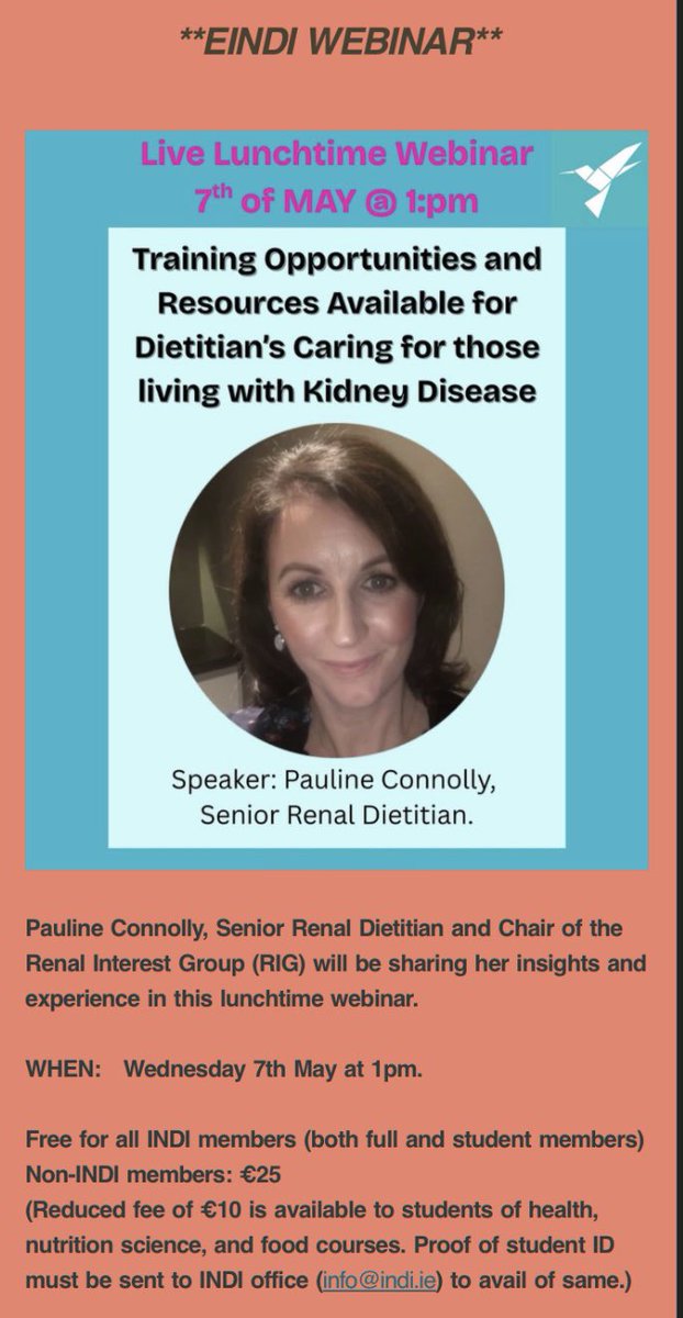 📢 Upcoming webinar 📢
Pauline will be discussing CPD opportunities provided by the INDI renal interest group, including renal nutrition course 1 and 2! Not to be missed by any dietitians with an interest in renals ✅
Link to register: us06web.zoom.us/webinar/regist…