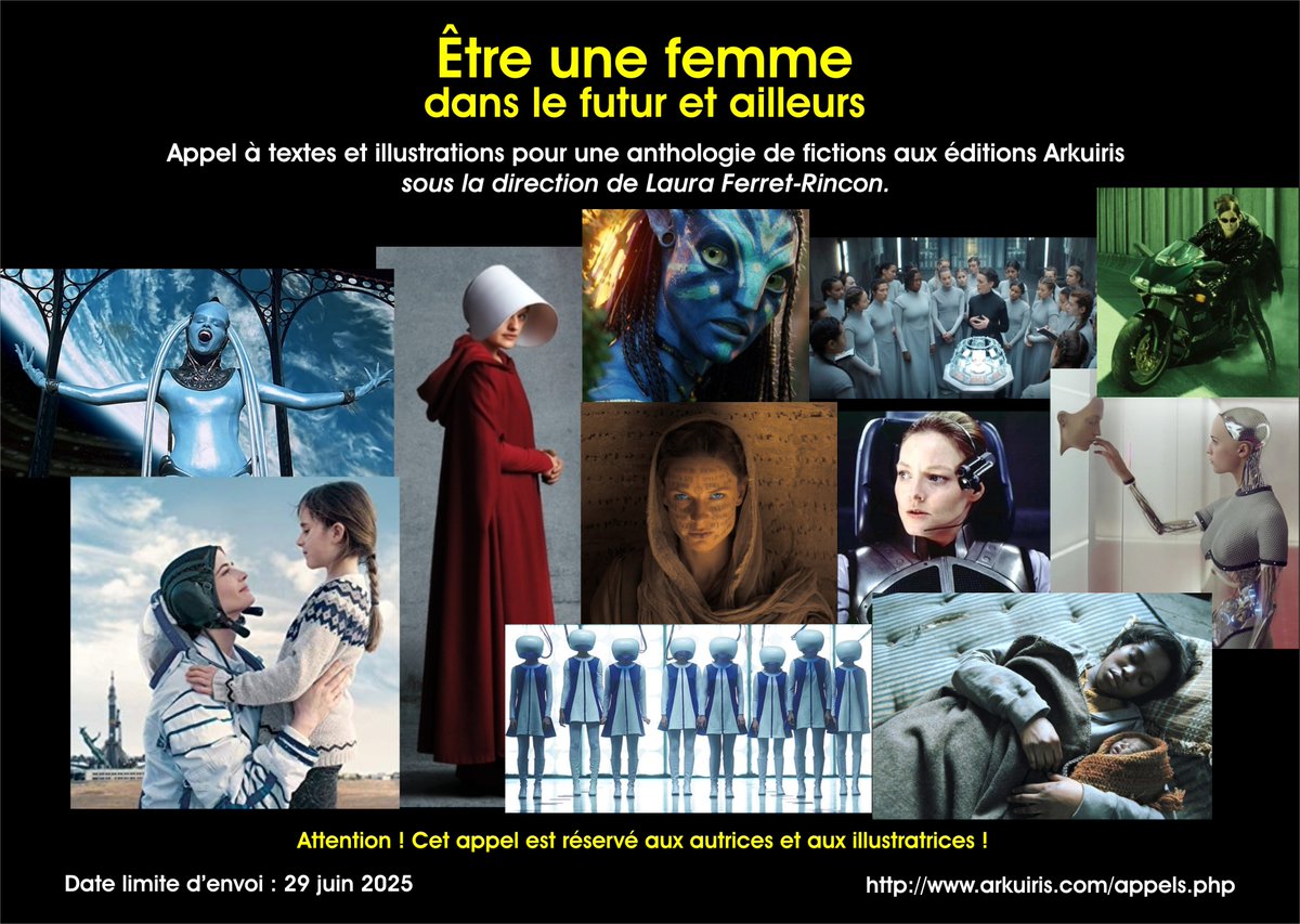 "Être une #femme dans le futur et ailleurs"
Un appel à textes et illustrations pour une anthologie <a href="/ArkuirisEd/">Editions Arkuiris</a>, sous la direction de Laura Ferret-Rincon.
Attention !
De manière exceptionnelle, cet appel est réservé aux #autrices et aux #illustratrices !
arkuiris.com/appels.php
