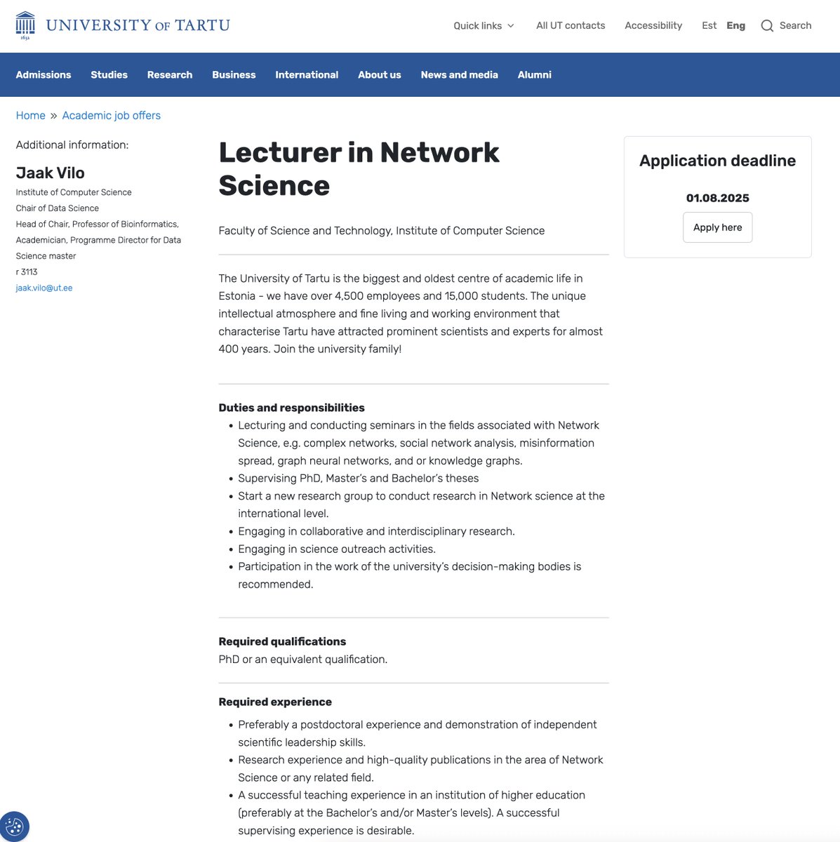 Network Science - opening for a Lecturer (Assistant Prof) is on tenure track. Different subtopics, including social network analysis, misinformation spread, or complex biological networks, are possible.  Build your own research group!
Deadline: 01.08.2025
ut.ee/en/job-offer/l…