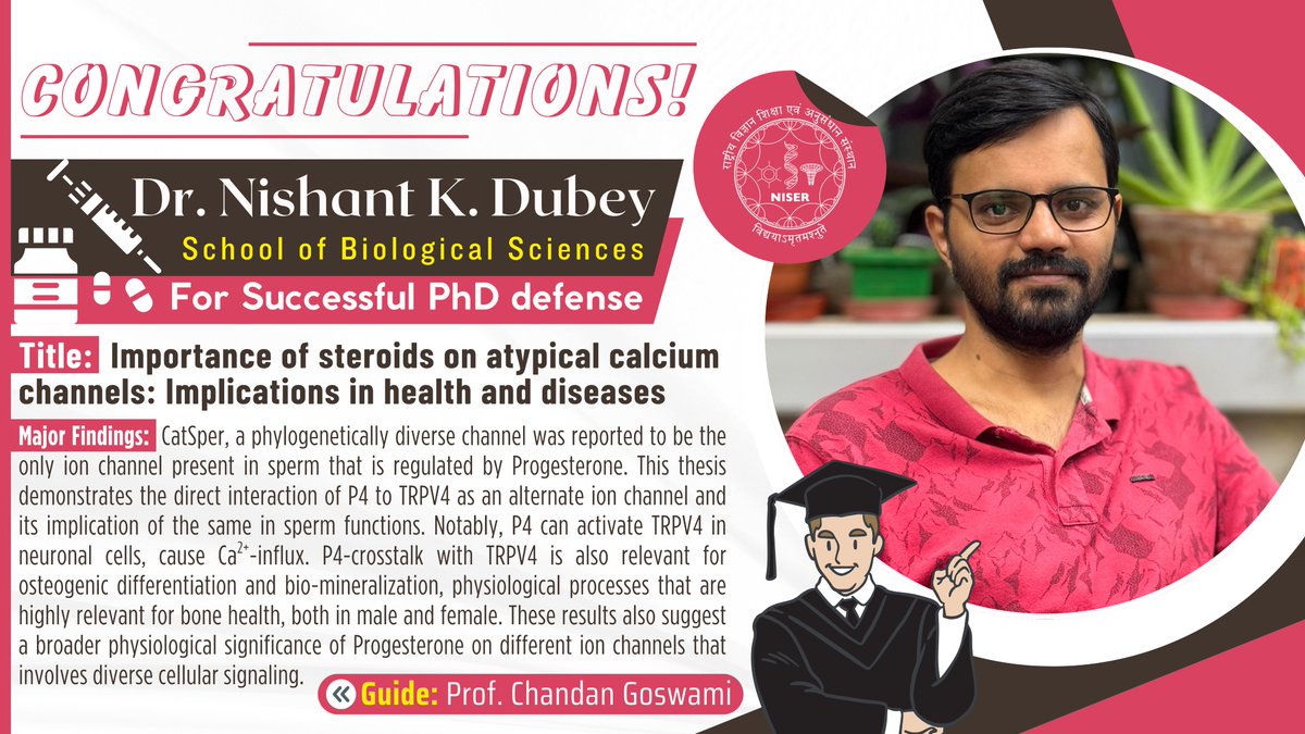 NISER (@niser_official) on Twitter photo Kudos to Mr. Nishant Kumar Dubey from <a href="/SBSNISER/">SBS, NISER</a> on successfully defending his Ph.D. thesis, "Importance of steroids on atypical calcium channels: Implications in health and diseases," under the expert mentorship of <a href="/CGLab_NISER/">Chandan Goswami</a>!
His Publications: researchgate.net/profile/Nishan… Kudos to Mr. Nishant Kumar Dubey from <a href="/SBSNISER/">SBS, NISER</a> on successfully defending his Ph.D. thesis, "Importance of steroids on atypical calcium channels: Implications in health and diseases," under the expert mentorship of <a href="/CGLab_NISER/">Chandan Goswami</a>!
His Publications: researchgate.net/profile/Nishan…