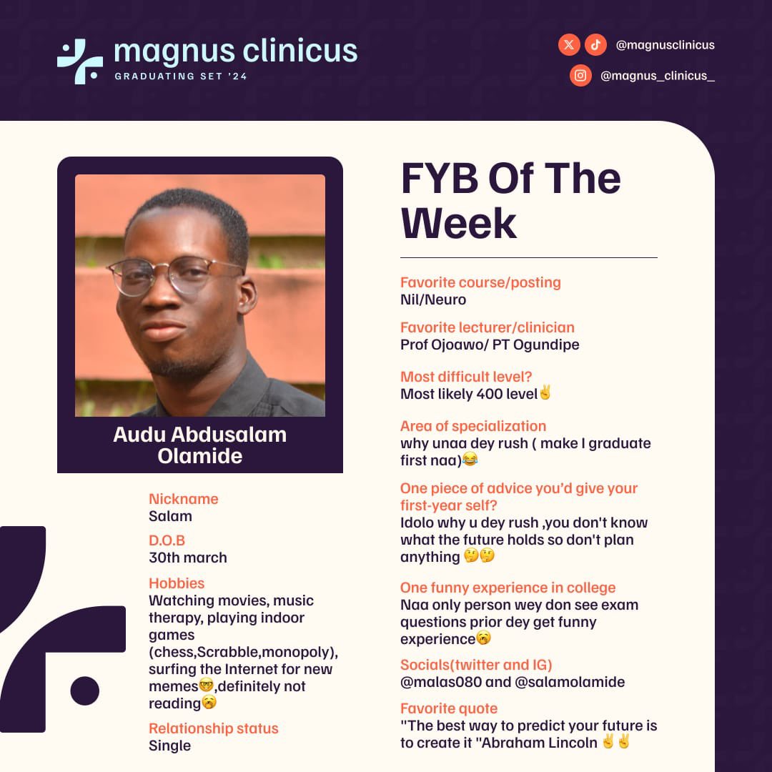 MagnusClinicus's tweet photo. "The best way to predict your future is to create it"

Meet the great man "Salam"😎

Always positive;He believes life should be taken slowly💯

#fyb of the week
#magnusclinicus https://t.co/jL4K2lm99S