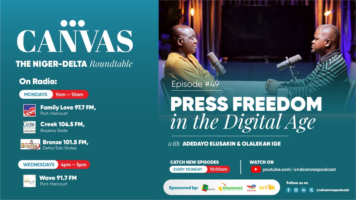 Canvas: The Niger-Delta Roundtable (@ndcanvaspodcast) on Twitter photo Episode #49: Press Freedom in the Digital Age with our anchor <a href="/Dee_shark/">dayo elusakin</a> and our guest Olalekan Ige, is now available on our YouTube channel, click here to listen 👇🏾 youtube.com/@ndcanvaspodca…
Brought to you by <a href="/raecafrica/">Renaissance Africa Energy Company</a>
#nigerdelta #canvas #podcast #ndcpodcast #PoweringLives Episode #49: Press Freedom in the Digital Age with our anchor <a href="/Dee_shark/">dayo elusakin</a> and our guest Olalekan Ige, is now available on our YouTube channel, click here to listen 👇🏾 youtube.com/@ndcanvaspodca…
Brought to you by <a href="/raecafrica/">Renaissance Africa Energy Company</a>
#nigerdelta #canvas #podcast #ndcpodcast #PoweringLives