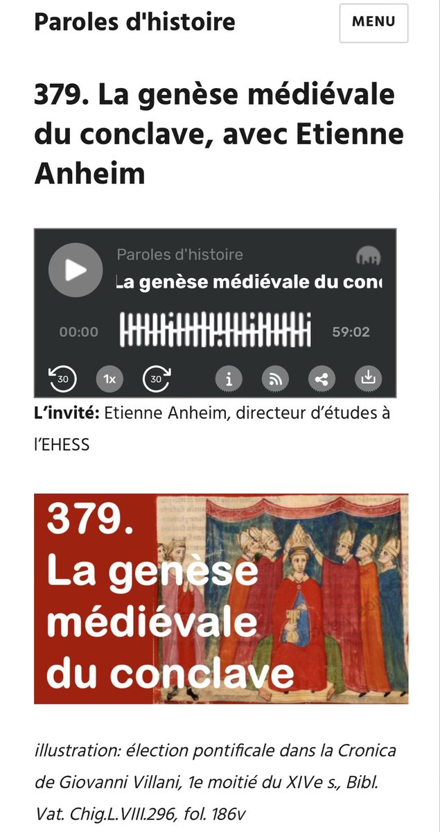 Nouvel épisode de podcast en ligne: 379. La genèse médiévale du conclave, avec Etienne Anheim 

parolesdhistoire.fr/index.php/2025…