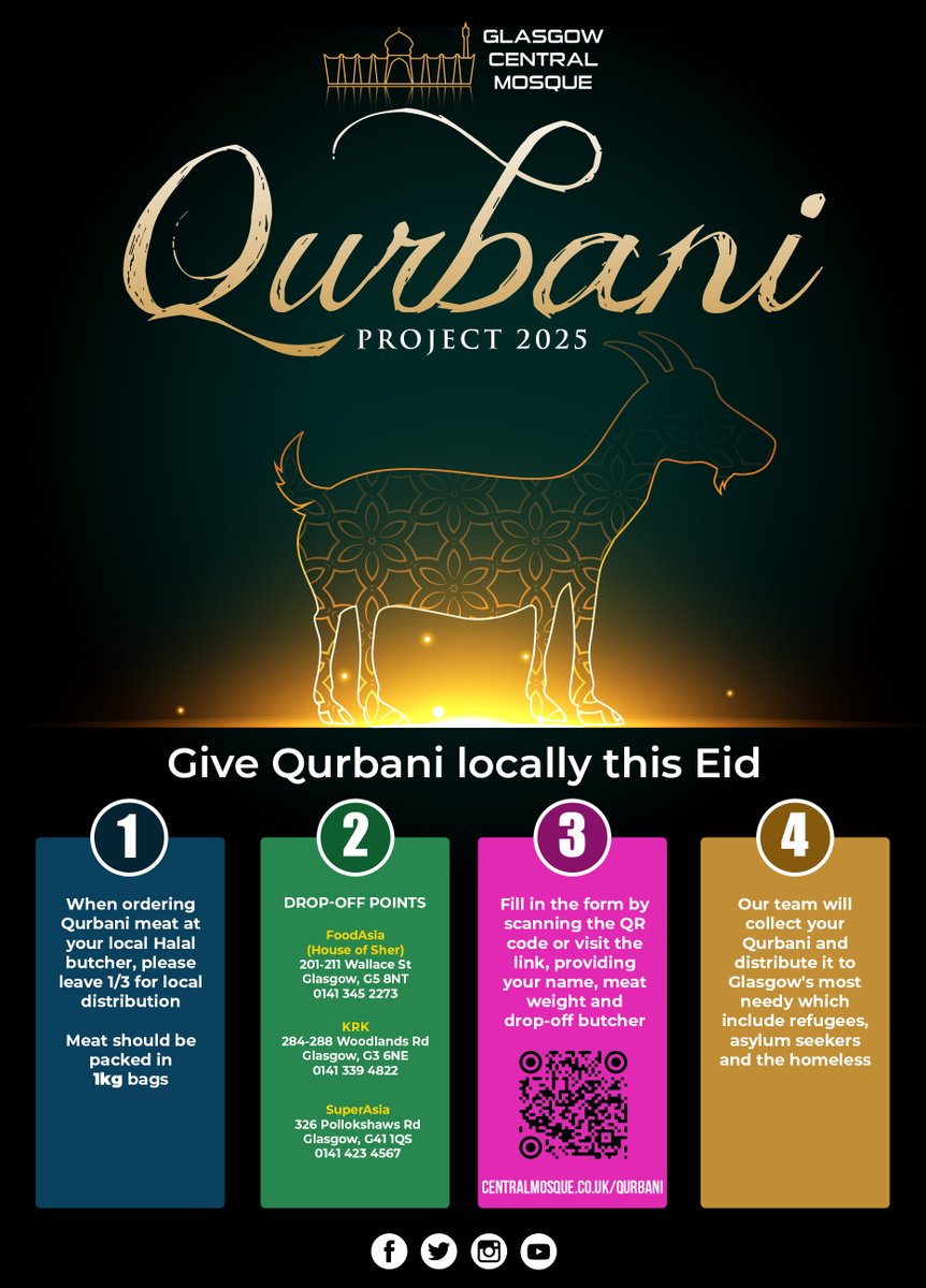 GCM - Qurbani Project 2025

Give Qurbani locally this Eid

When ordering Qurbani meat at your local Halal butcher, please leave 1/3 for local distribution. Meat should be packed in 1kg bags

centralmosque.co.uk/qurbani