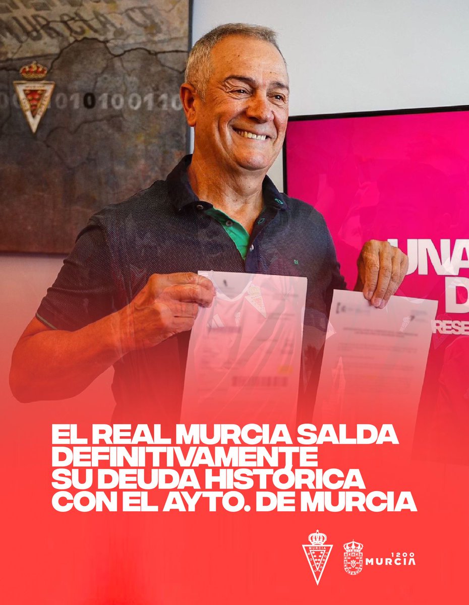 𝗖𝗢𝗠𝗨𝗡𝗜𝗖𝗔𝗗𝗢 𝗢𝗙𝗜𝗖𝗜𝗔𝗟 | El Real Murcia liquida su deuda histórica con el Ayuntamiento de Murcia.

🤝 De esta forma se pone fin al total de la deuda pública con todas las administraciones.

🔗 realmurcia.es/el-real-murcia…