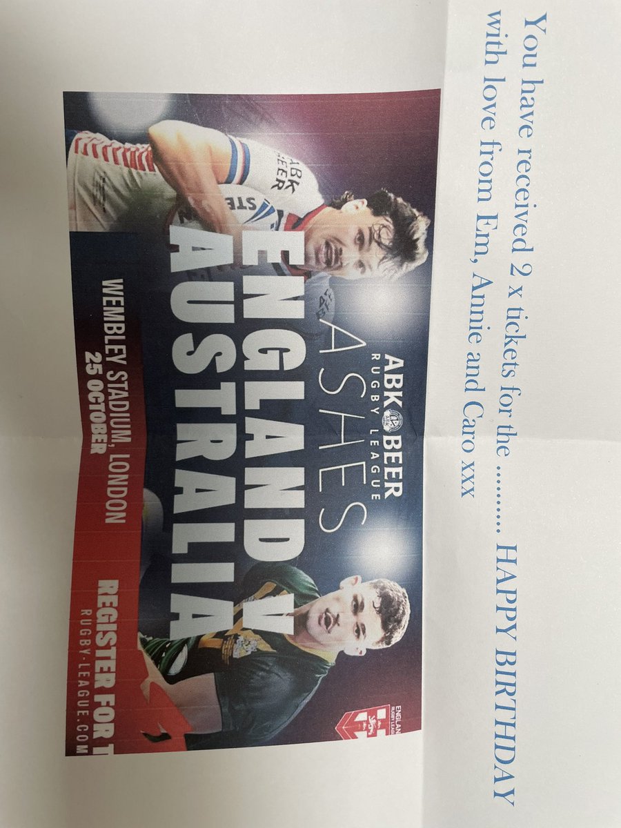 That’s what I call a birthday present! 2 tix to <a href="/ABKbeer/">ABKbeer</a> Eng <a href="/Kangaroos/">Australian Kangaroos</a> Test match at Wembley. Great seats, can’t wait 😀🏉🏟️🏴󠁧󠁢󠁥󠁮󠁧󠁿🦘