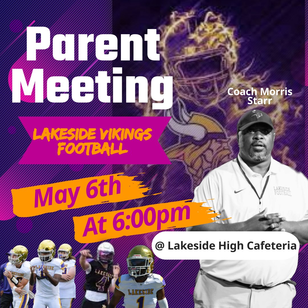 🏈 Attention Lakeside Vikings Football Parents! 🚨 Join us for an important parent meeting on Tuesday, May 6 at 6 PM in the Lakeside High School cafeteria. Let’s come together to discuss the upcoming season and how we can support our athletes! See you there! 🥇💙 #LakesideVikings