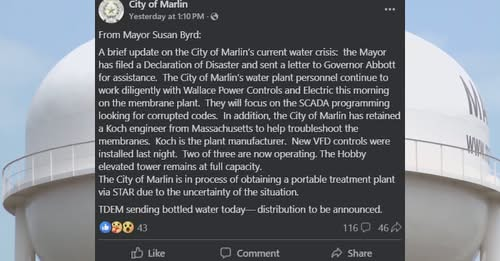 mlw975's tweet photo. #MarlinTexas #marlinstrong is still in need of help
Water jugs with clean water
Baby wipes
Hand sanitizer
empty jugs
Paper plates and utensils
Hewitt VFW is taking donations
You can have items ship to
725 Sun Valley Blvd, Hewitt, TX, United States, Texas
https://t.co/fnqKkbc2pu https://t.co/rL8j2HS93T