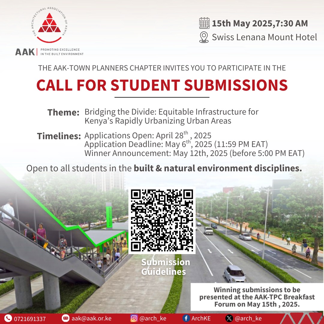 🚨Student Deadline Alert!

The AAK-TPC invites university and college students to submit projects on:
Theme: Bridging the Divide: Equitable Infrastructure for Kenya’s Rapidly Urbanizing Urban Area

📅: 6th May 2025 (5:00pm) 
 
Submission details here: shorturl.at/bhyYF