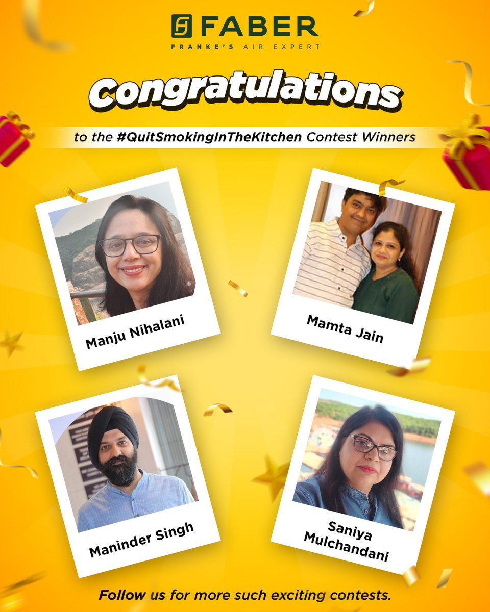 A big congratulations to the winners of the #QuitSmokingInTheKitchen contest!

Please send us your details via DM to claim your prize!

A heartfelt thank you to everyone who participated. Stay tuned for more!

#ContestWinner #FaberIndia #SaferWithFaber #QuitSmokingInTheKitchen