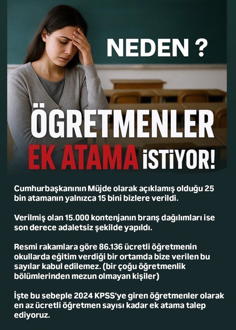 Yüz binlerce öğretmen hazırda beklerken, neden ek atama yapılmaz?
2024 KPSS puanıyla atanmak istiyoruz!
<a href="/_cevdetyilmaz/">Cevdet Yılmaz</a> <a href="/hasandogan/">Hasan Doğan</a> <a href="/fahrettinaltun/">Fahrettin Altun</a> <a href="/cbsbb/">T.C. Cumhurbaşkanlığı Strateji ve Bütçe Başkanlığı</a>
<a href="/tcbestepe/">T.C. Cumhurbaşkanlığı</a> <a href="/memetsimsek/">Mehmet Simsek</a> <a href="/Yusuf__Tekin/">Yusuf Tekin</a> <a href="/tcmeb/">Millî Eğitim Bakanlığı</a> <a href="/Akparti/">AK Parti</a> <a href="/latifselvi42/">Latif Selvi</a>
#EkAtama2024MebVeMaliyede