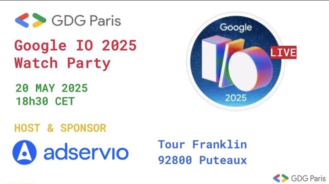 🎉 Google I/0 Watch Party 2025
RDV le lundi 20 mai à 18h30 chez <a href="/AdservioFr/">Adservio</a> 

Infos &amp; inscription :
gdg.community.dev/events/details…

#GDGParis #Googlel02025 #Developers #TechCommunity