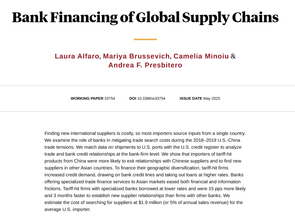 📢📢Very glad to have our paper on how specialized #banks helped U.S. firms reroute their supply chains after the 2018-2019 #tariffs out <a href="/nberpubs/">NBER</a>. And many thanks to my amazing co-authors Laura Alfaro, Masha Brussevich, and Camelia Minoiu

A short 🧵and the link to the paper👇: