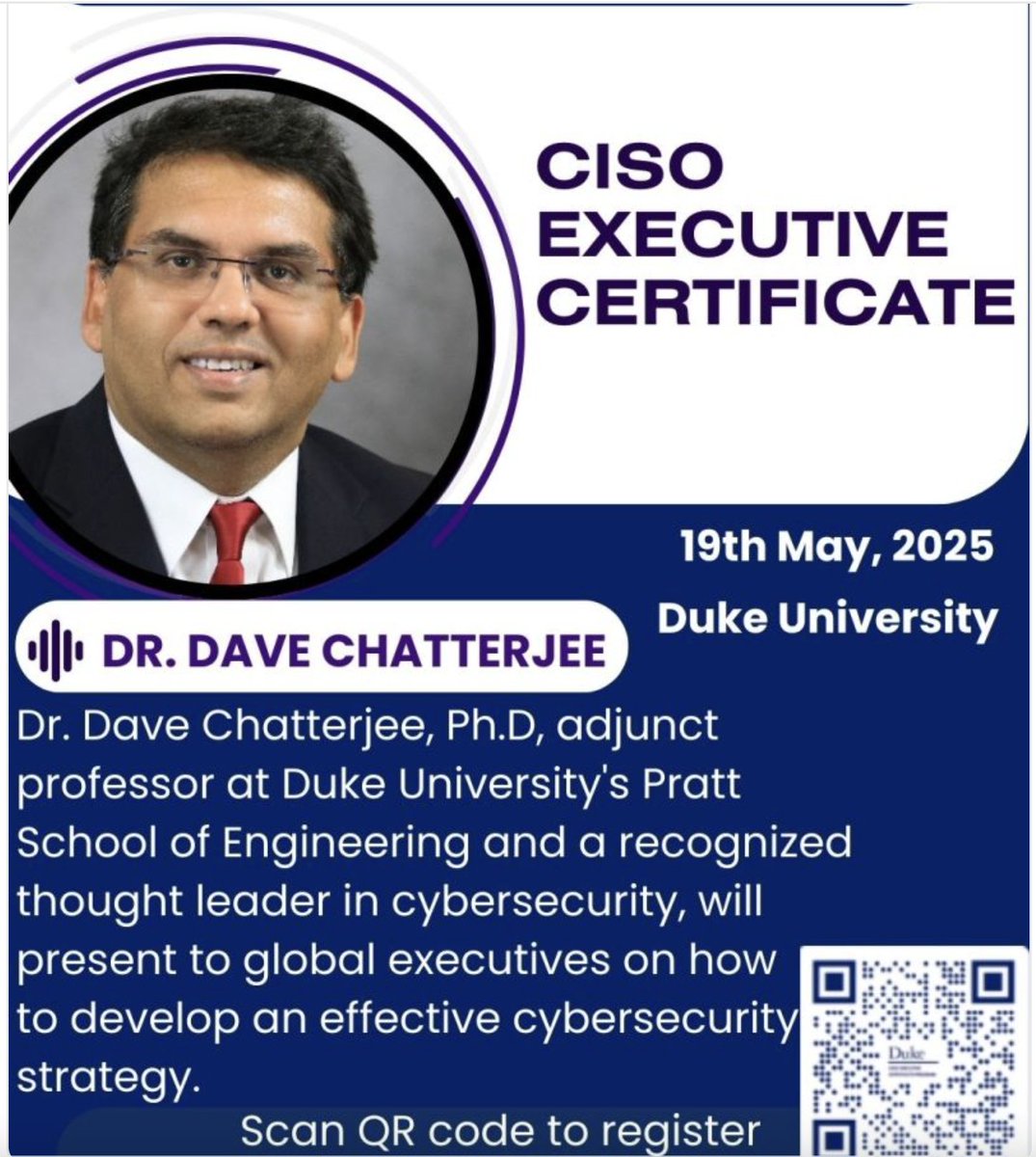 I am looking forward to engaging with the Duke University CISO Executive Certificate participants.