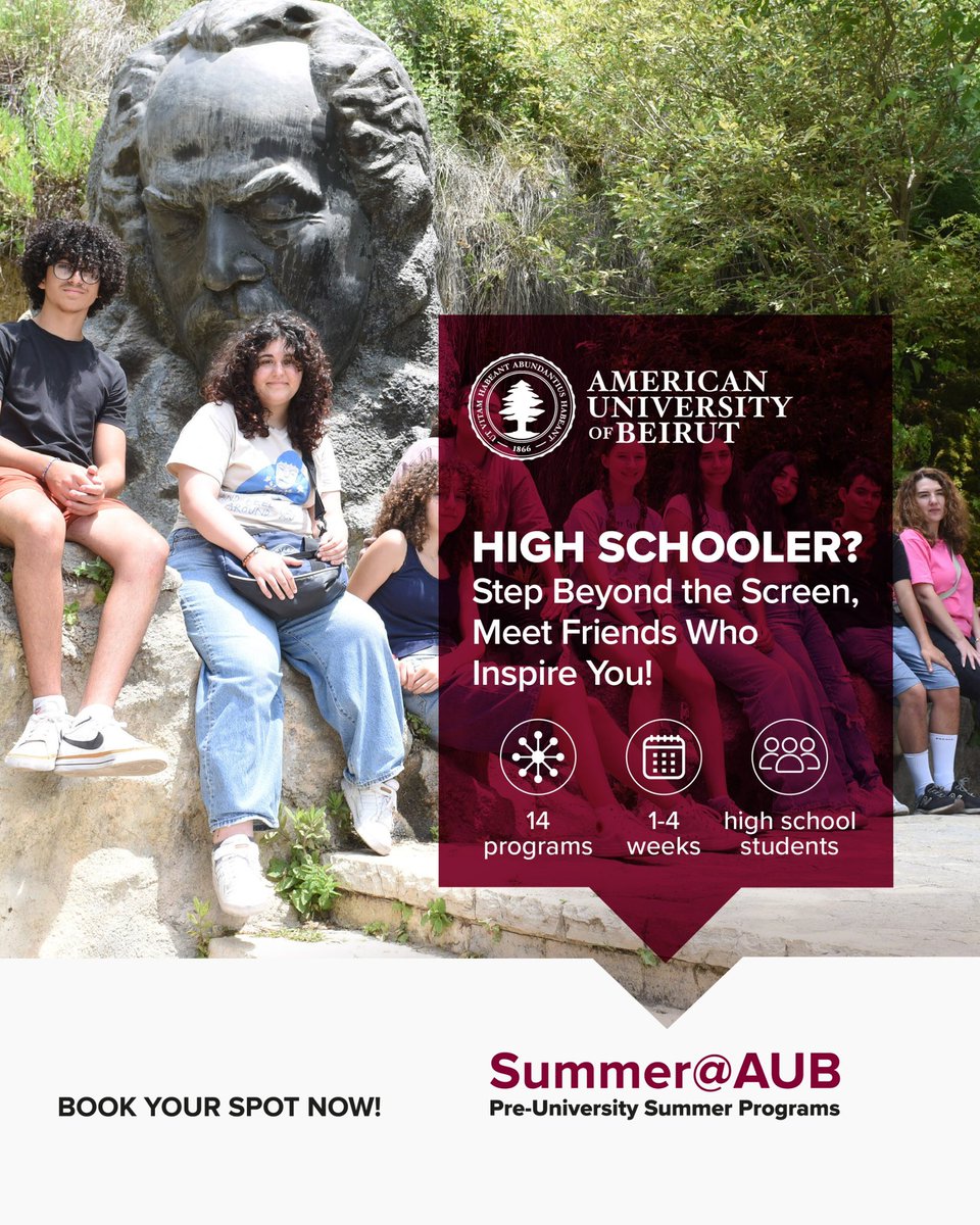 Ready to step beyond the screen and into your future?
Meet friends who inspire you, explore new passions, and experience university life this summer!

Don’t miss out — book your spot now!
aub.edu.lb/cec/Summer@AUB…

#Summer #PreUniversityPrograms #HighSchoolOpportunities #Future