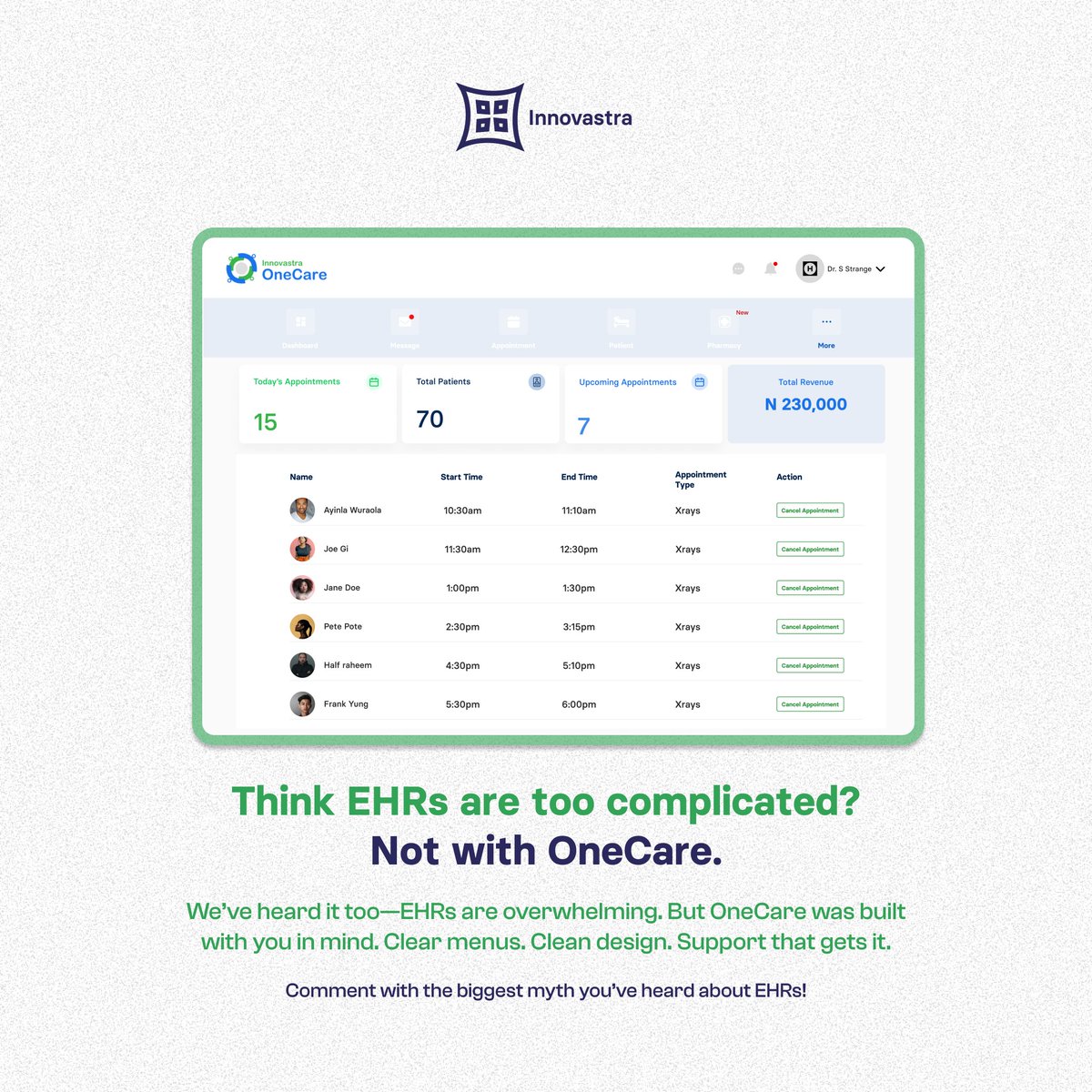 innovastra's tweet image. Say goodbye to confusing software.
#EHRMyths #SimpleSoftware #innovastra #onecare 
Comment with the biggest myth you’ve heard about EHRs!