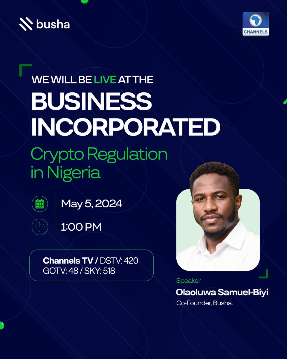 Curious about the future of crypto in Nigeria? Join our co-Founder, Samuel  @samuel_biyi on Business Incorporated today as he shares insights on Crypto  Regulation in Nigeria. Tune in at 1PM on Channels