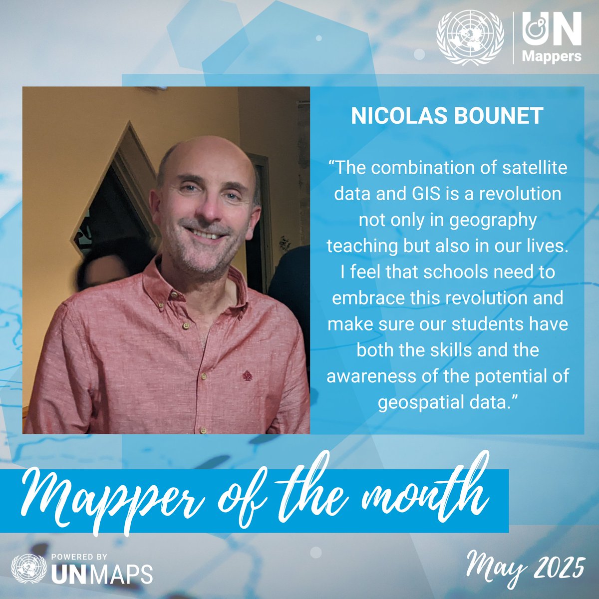 🎉 #UNMappers' Mapper of the Month is back! 🎉

This May, our #MapperoftheMonth is Nicolas Bounet, a GIS enthusiast &amp; educator from France. 

Read about his motivation &amp; experience in #openmapping 👉 tinyurl.com/MOTM0525

#UNMaps #mappingforpeace #OpenStreetMap