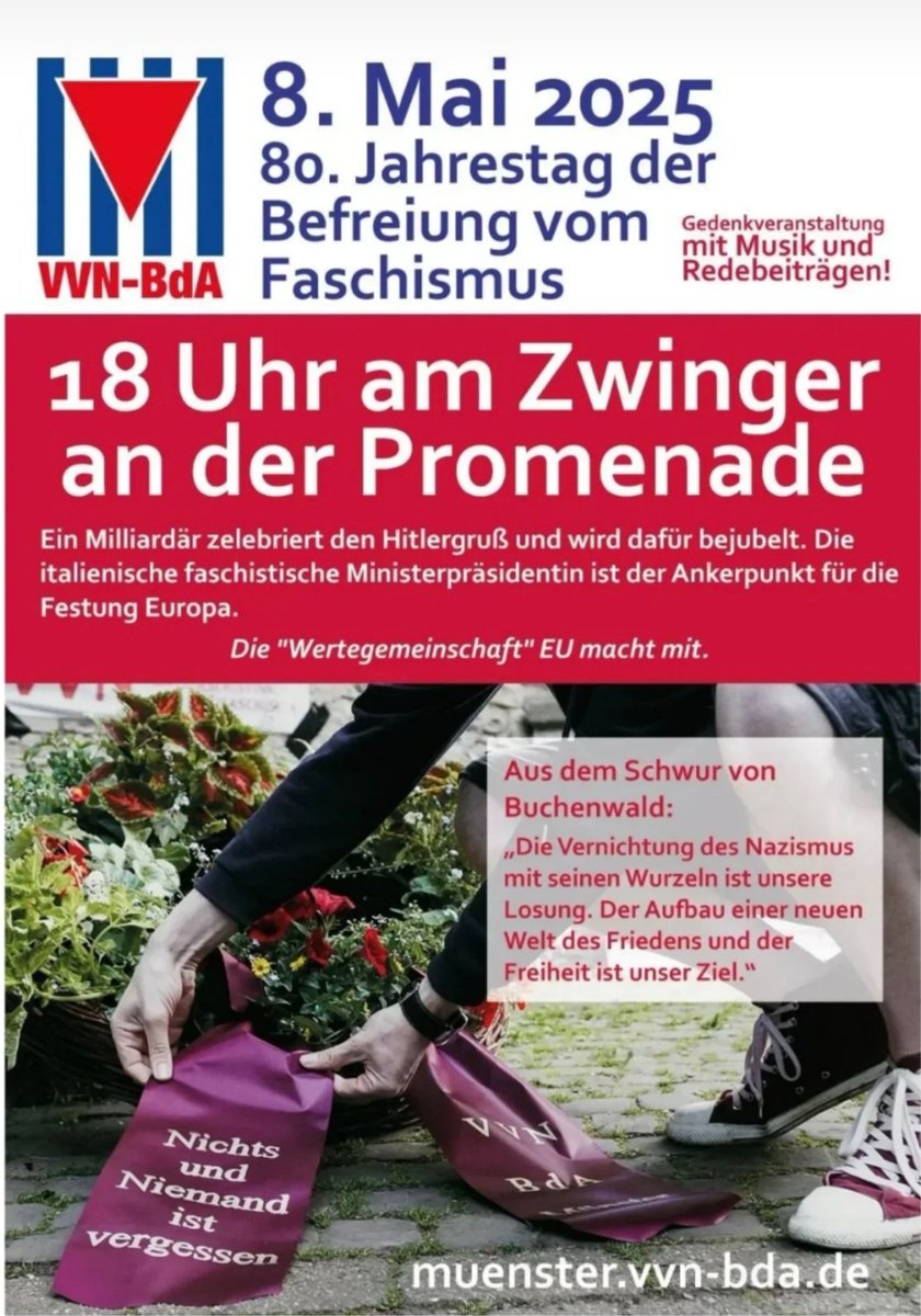 Jede/Jeder ist eingeladen, an der Gedenkveranstaltung teilzunehmen. 
Sie findet am 8. Mai um 18 Uhr am Zwinger in #Münster statt.
Der Zwinger war In der Zeit des #Nationalsozialismus sowohl Gefängnis als auch Hinrichtungsstätte der Gestapo.
#niewiederistjetzt #FCKNZS