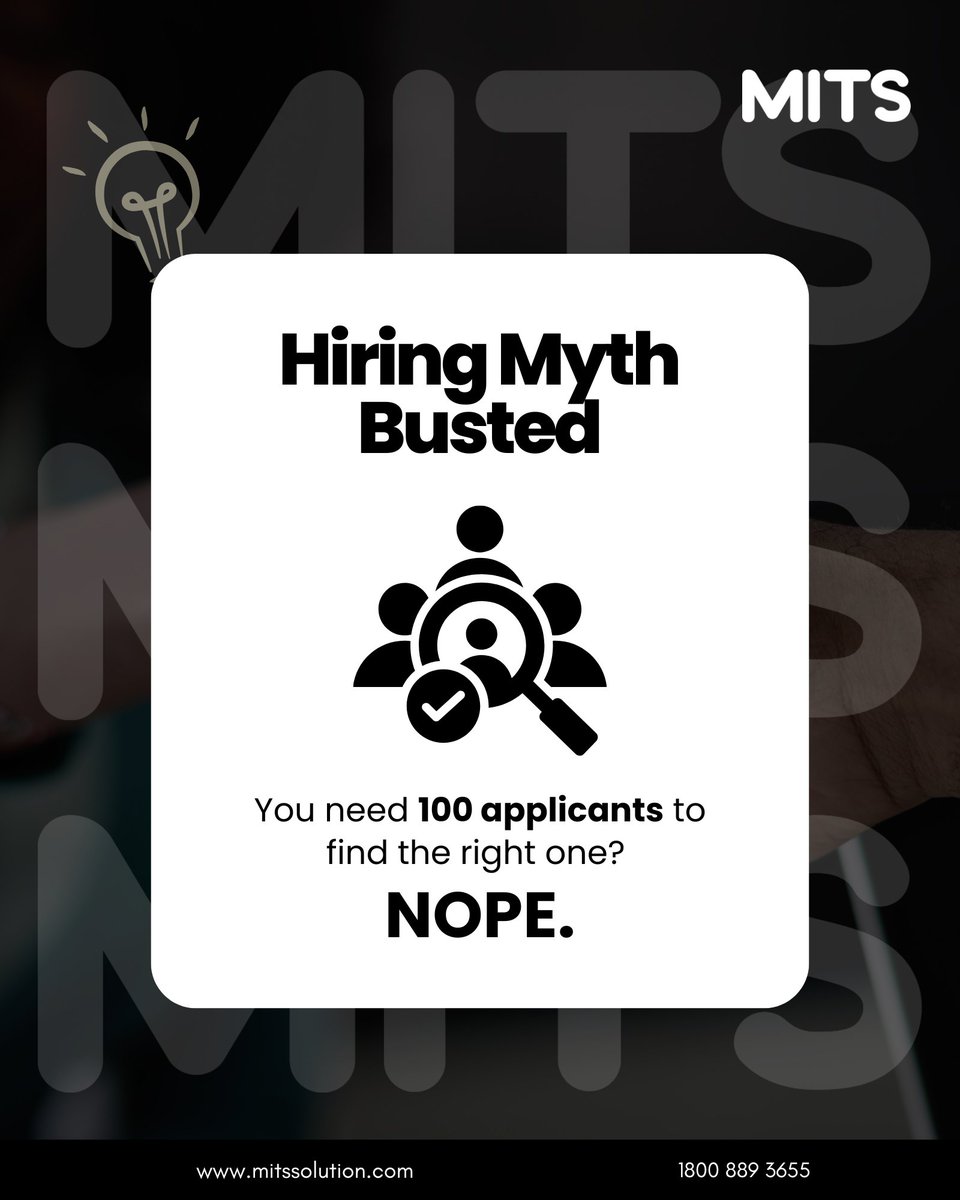 SolutionMits's tweet image. Hiring Myth Busted
You don’t need 100 applicants to find the right fit.
Clarity, not quantity, gets you the right hire faster.
📞 1800 889 3655 | 🌐 mitssolution.com
#MITSSolution #HiringTips #RecruitSmart #TalentAcquisition #RightHire #RecruitmentMyths #HRInsights
