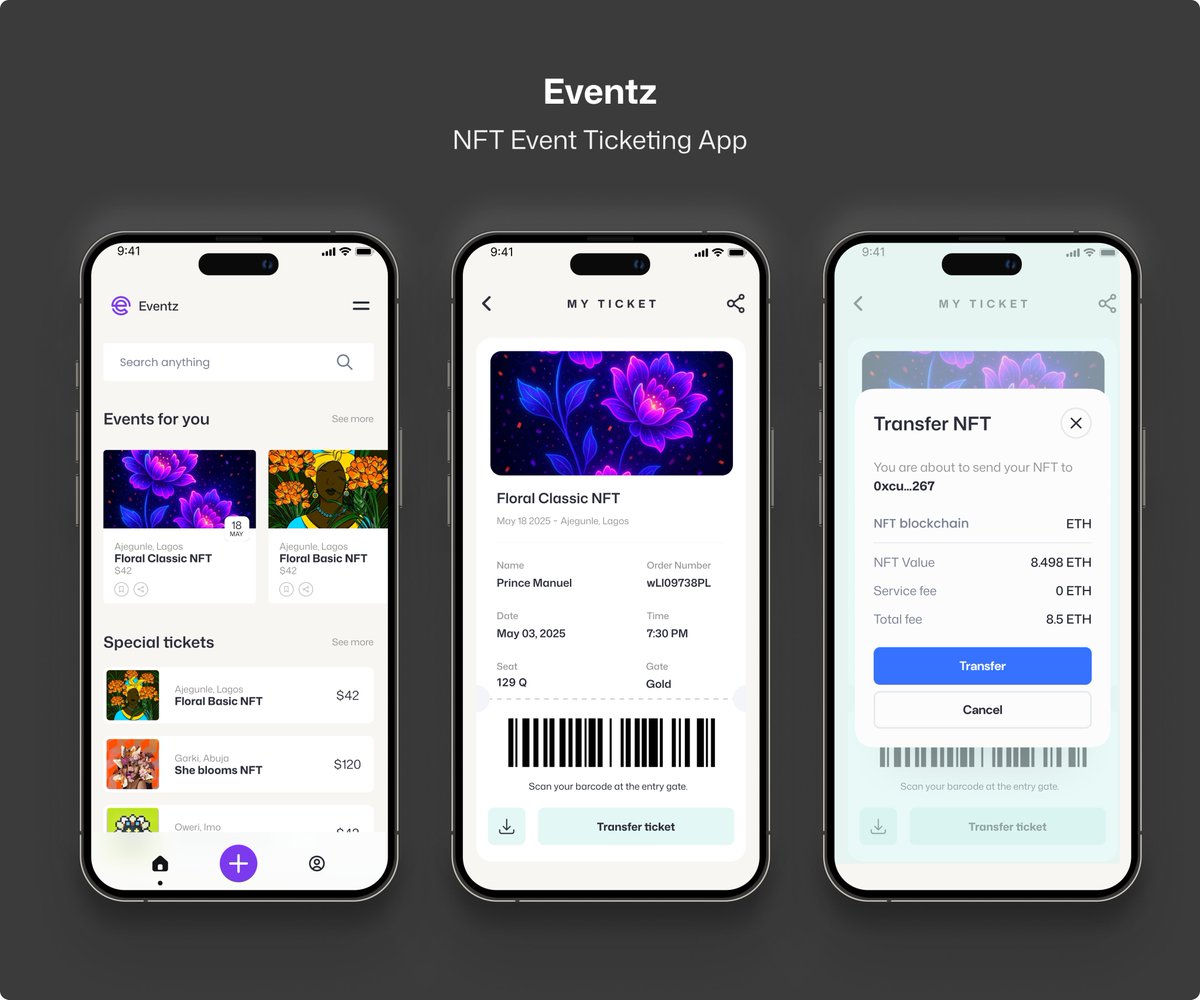 Day 5 of my #UIUX challenge 👨🏽‍🎨

Eventz is an NFT ticketing app that lets you discover events, store NFT tickets, and transfer them securely on-chain.

A smooth blend of tech + experience for the future of events. 🎫✨
#Web3 #NFT #UIDesign #UXDesign