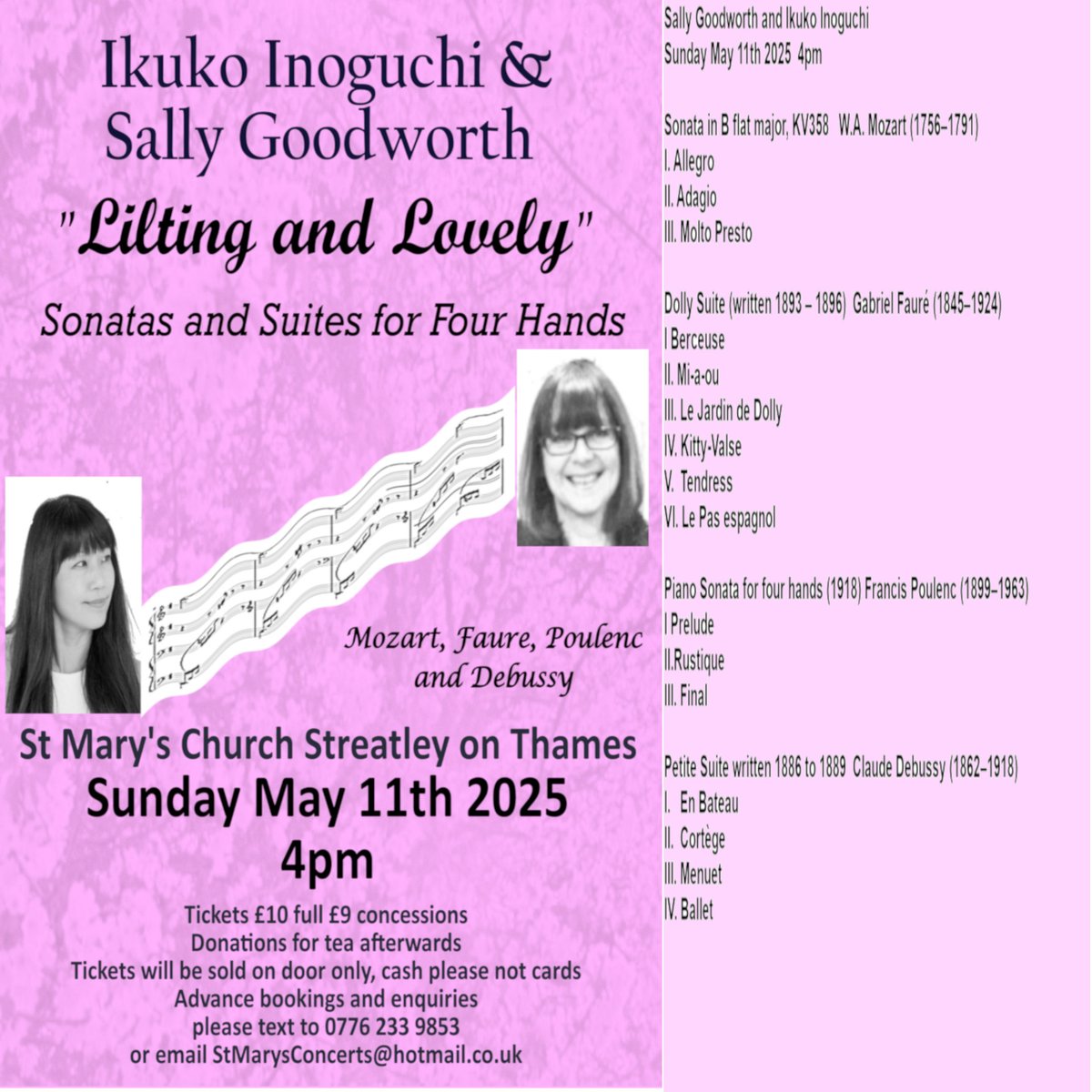 THIS SUNDAY! (May 11th) virtuoso pianists @ikukoinoguchi and Sally Goodworth play delightful piano duets in our beautiful candlelit church. 4pm, tickets £10/£9 on door only, we will fit you in, followed by tea in the Morrell Rooms. Don't miss it! @streatleypc @upperbasildon