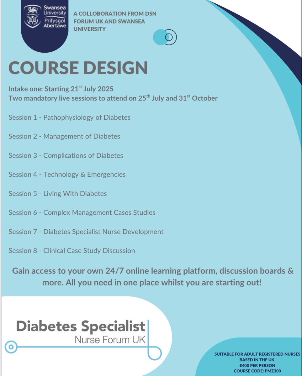 Join our BRAND NEW 16-week online CPD course in collaboration with <a href="/SwanseaUni/">Swansea University</a> 

✔️ Reflective &amp; flexible online  
✔️Expert-led with experienced DSNs 
✔️ Perfect springboard to your MSc
✔️ Network with peers

🗓️ Closing date for applications 30/6

🔗 diabetesspecialistnurseforumuk.co.uk/new-page-4