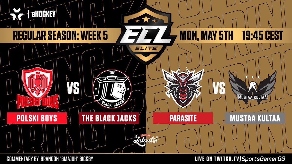 SportsGamer (@sportsgamergg) on Twitter photo 🔥 The final week of the #ECL25Spring Elite Regular Season is HERE! 🔥
📺 Watch LIVE: twitch.tv/SportsGamerGG
⏰ 19:45 CEST | Mon, May 5th
🇵🇱 <a href="/Polski_Boys/">Polski Boys</a> vs <a href="/BlackJacksEASHL/">The Black Jacks</a> ♠️
🐝 <a href="/ParasiteNHL/">Parasite</a> vs <a href="/MustaaKultaaNHL/">Mustaa Kultaa</a> 🦅
🎙️ <a href="/bMaJuH/">MaJuH 🎥</a>
#eHockey | #NHL25 | #KouvolanLakritsi 🔥 The final week of the #ECL25Spring Elite Regular Season is HERE! 🔥
📺 Watch LIVE: twitch.tv/SportsGamerGG
⏰ 19:45 CEST | Mon, May 5th
🇵🇱 <a href="/Polski_Boys/">Polski Boys</a> vs <a href="/BlackJacksEASHL/">The Black Jacks</a> ♠️
🐝 <a href="/ParasiteNHL/">Parasite</a> vs <a href="/MustaaKultaaNHL/">Mustaa Kultaa</a> 🦅
🎙️ <a href="/bMaJuH/">MaJuH 🎥</a>
#eHockey | #NHL25 | #KouvolanLakritsi