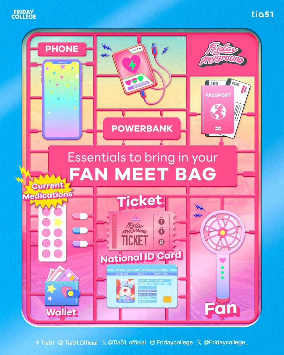 Get ready พกอะไรไปงาน 1st FAN MEET กันบ้าง อิอิ ✌🏻

"FRIDAY PLAYGROUND 1st FAN MEET 2025" 🎪

🎠 SAT, 10 MAY 2025
UNION HALL | UNION MALL

🎟️ Tickets for all seats will be available online only at theconcert.com

🔴 LIVE STREAMING Tickets on sale at