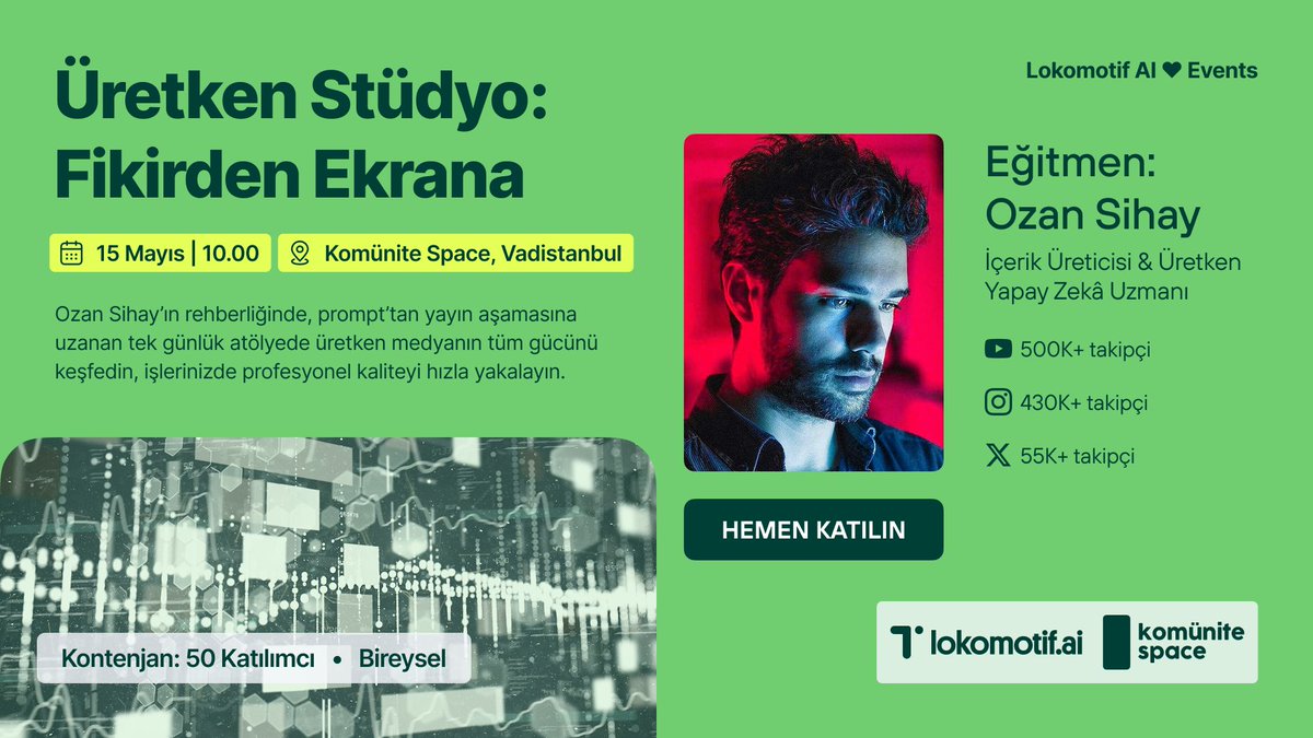 Komünite —— Bir defa yap, hep sat! (@komunitecomtr) on Twitter photo 15 Mayıs’ta Komünite Space’te (<a href="/komunitespace/">Komünite Space</a>), Ozan Sihay’la birlikte gerçekleştireceğimiz “Üretken Stüdyo: Fikirden Ekrana” programında yerini ayırt!
Görsel üretimden video kurgusuna, ses klonlamadan AI avatarlarına kadar üretken yapay zekânın sunduğu tüm özellikleri bir arada 15 Mayıs’ta Komünite Space’te (<a href="/komunitespace/">Komünite Space</a>), Ozan Sihay’la birlikte gerçekleştireceğimiz “Üretken Stüdyo: Fikirden Ekrana” programında yerini ayırt!
Görsel üretimden video kurgusuna, ses klonlamadan AI avatarlarına kadar üretken yapay zekânın sunduğu tüm özellikleri bir arada