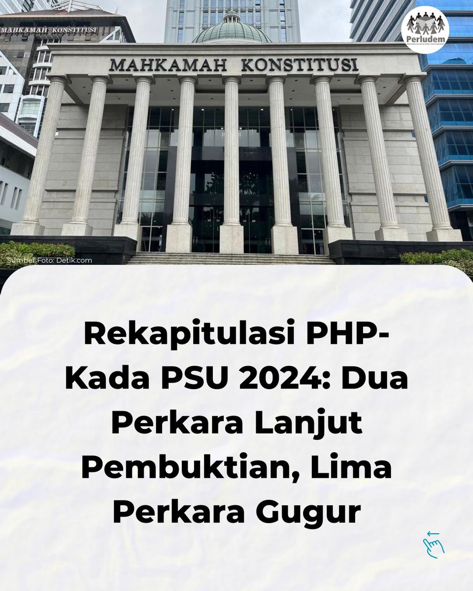perludem's tweet image. Dua perkara lanjut pembuktian, lima perkara gugur.
Putusan sela MK atas 7 perkara PHP-Kada PSU 2024 menunjukkan masih ada masalah berulang dalam penyelenggaraan Pilkada.

“Kerja-kerja penyelenggara belum maksimal di dalam proses PSU.” – Haykal, Peneliti Perludem

#perludem #PSU