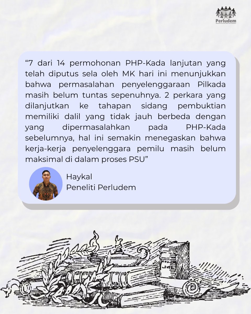 perludem's tweet image. Dua perkara lanjut pembuktian, lima perkara gugur.
Putusan sela MK atas 7 perkara PHP-Kada PSU 2024 menunjukkan masih ada masalah berulang dalam penyelenggaraan Pilkada.

“Kerja-kerja penyelenggara belum maksimal di dalam proses PSU.” – Haykal, Peneliti Perludem

#perludem #PSU