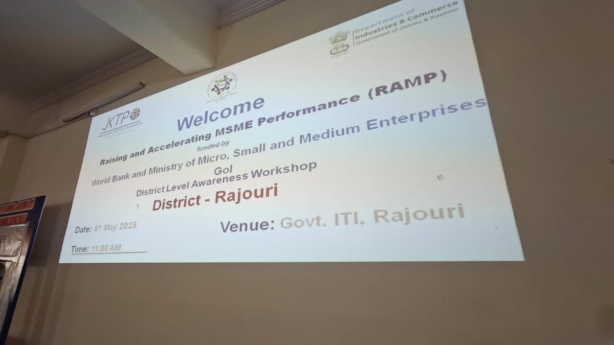 District-level RAMP awareness workshops were held in Bandipora &amp; Rajouri by JKTPO, SPIU (Grant Thornton), and respective DICs. The Bandipora session was chaired by Deputy Commissioner Sh. Manzoor Ahmad Qadri. Over 170 participants, including MSMEs &amp; implementing agencies, took